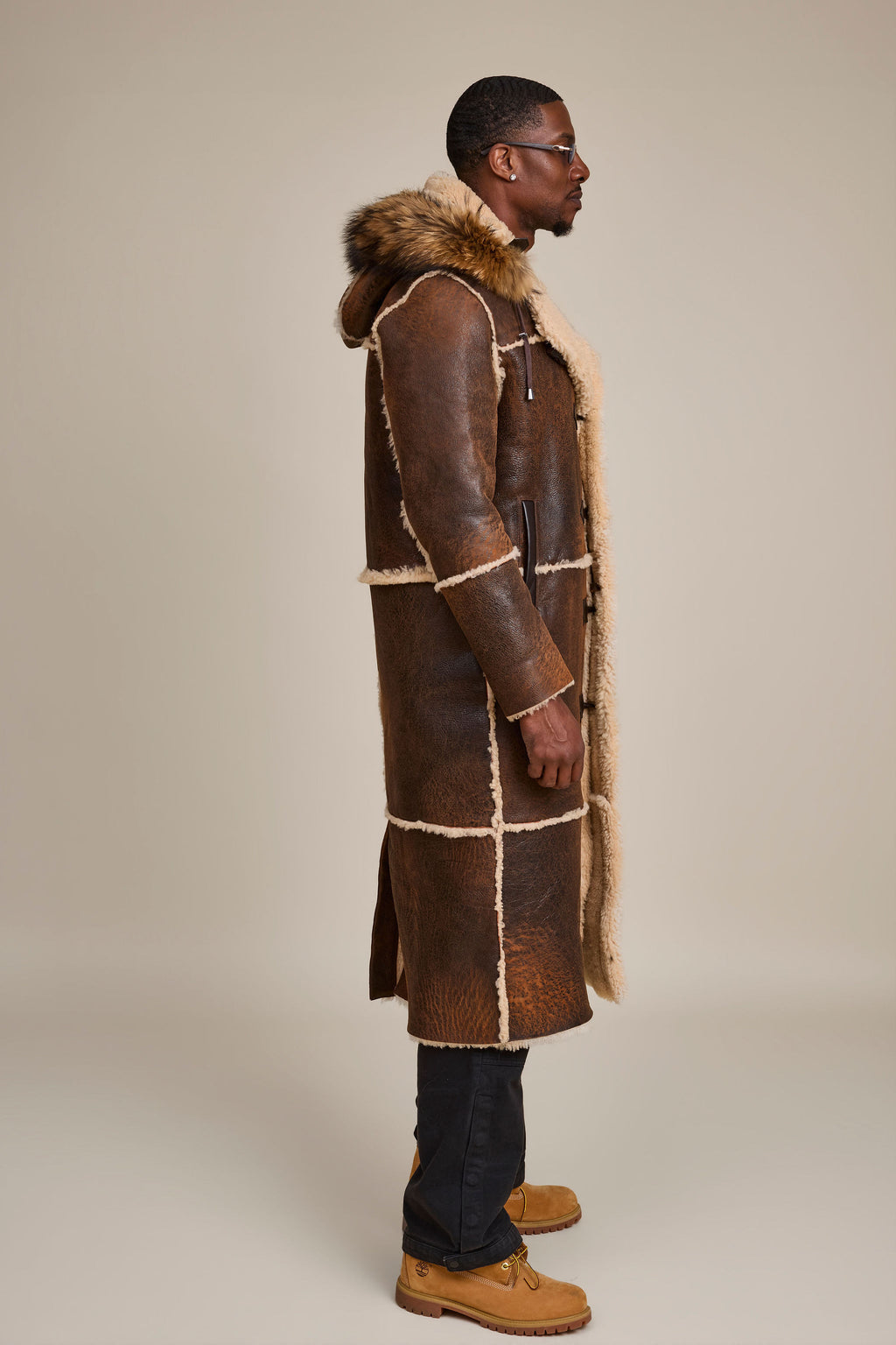 Men's Drew Real Sheepskin Shearling Trench Coat [Distressed Brown]