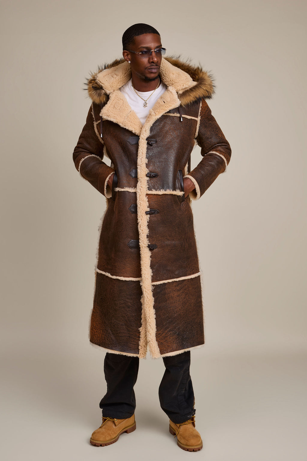 Men's Drew Real Sheepskin Shearling Trench Coat [Distressed Brown]