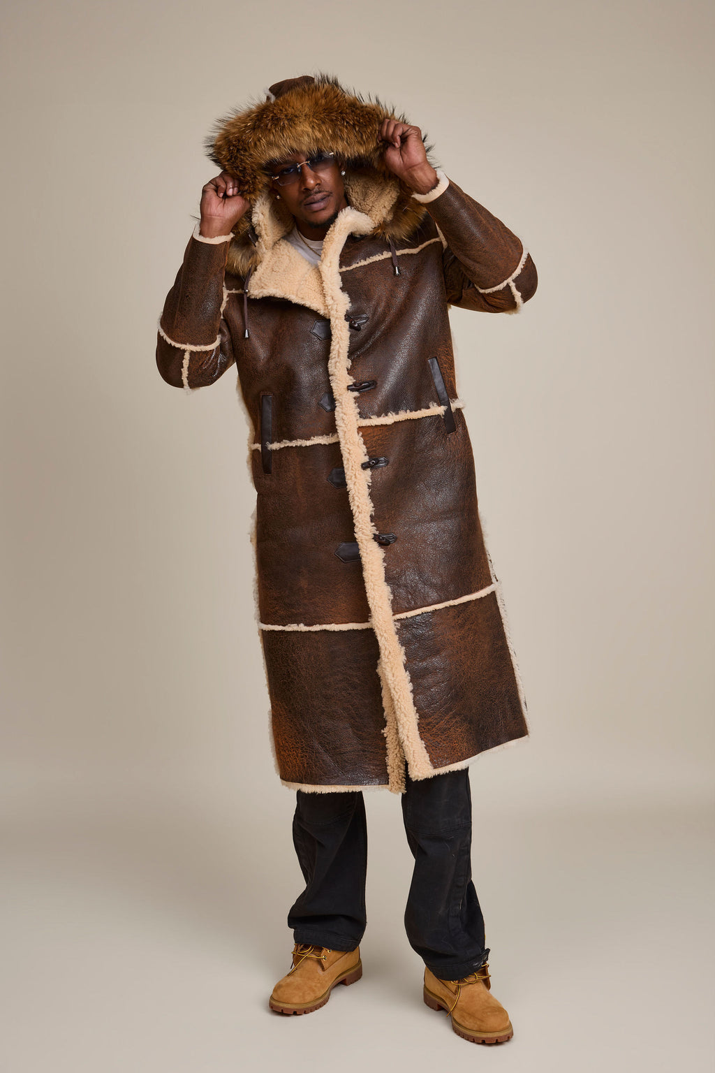 Men's Drew Real Sheepskin Shearling Trench Coat [Distressed Brown]