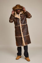Men's Drew Real Sheepskin Shearling Trench Coat [Distressed Brown]