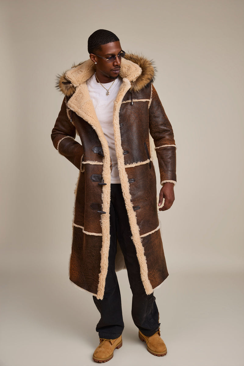 Men's Drew Real Sheepskin Shearling Trench Coat [Distressed Brown]