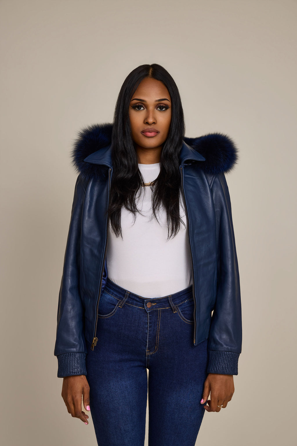 Women's BB Jacket With Premium Fox Fur Hood [Navy]