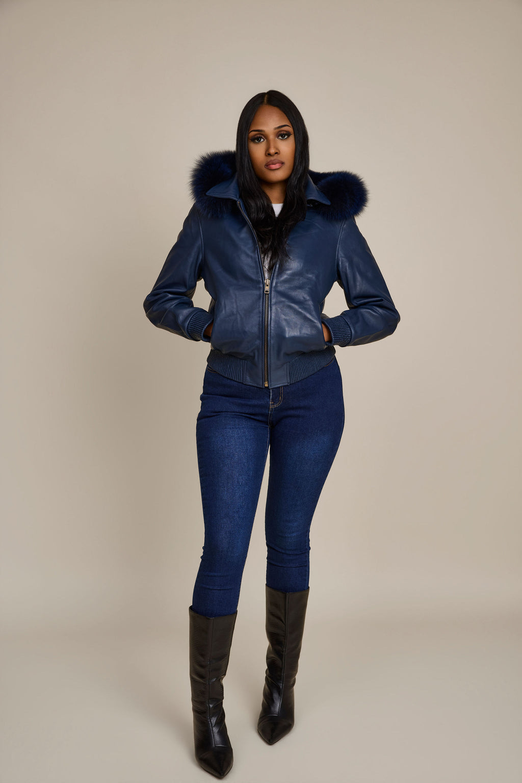 Women's BB Jacket With Premium Fox Fur Hood [Navy]