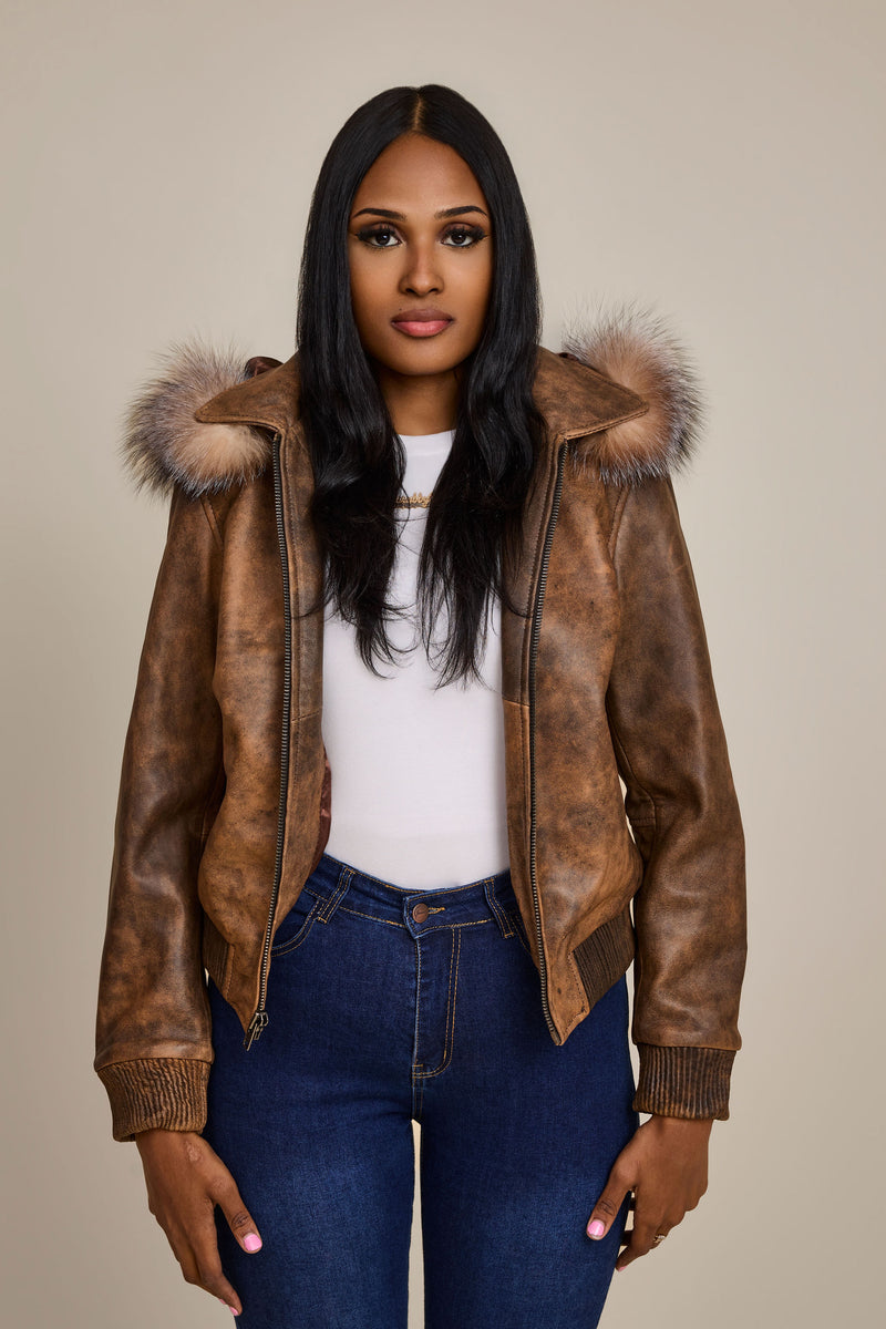Women's BB Jacket With Premium Fox Fur Hood [Antique Brown]