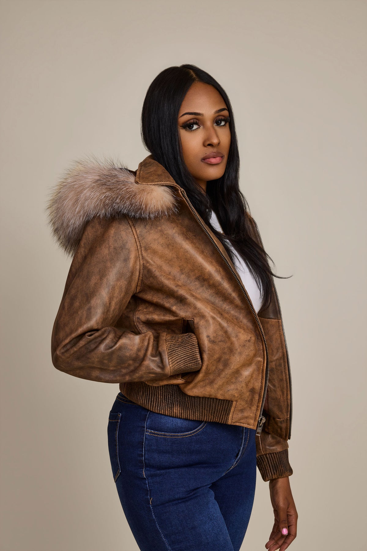 Women's BB Jacket With Premium Fox Fur Hood [Antique Brown]