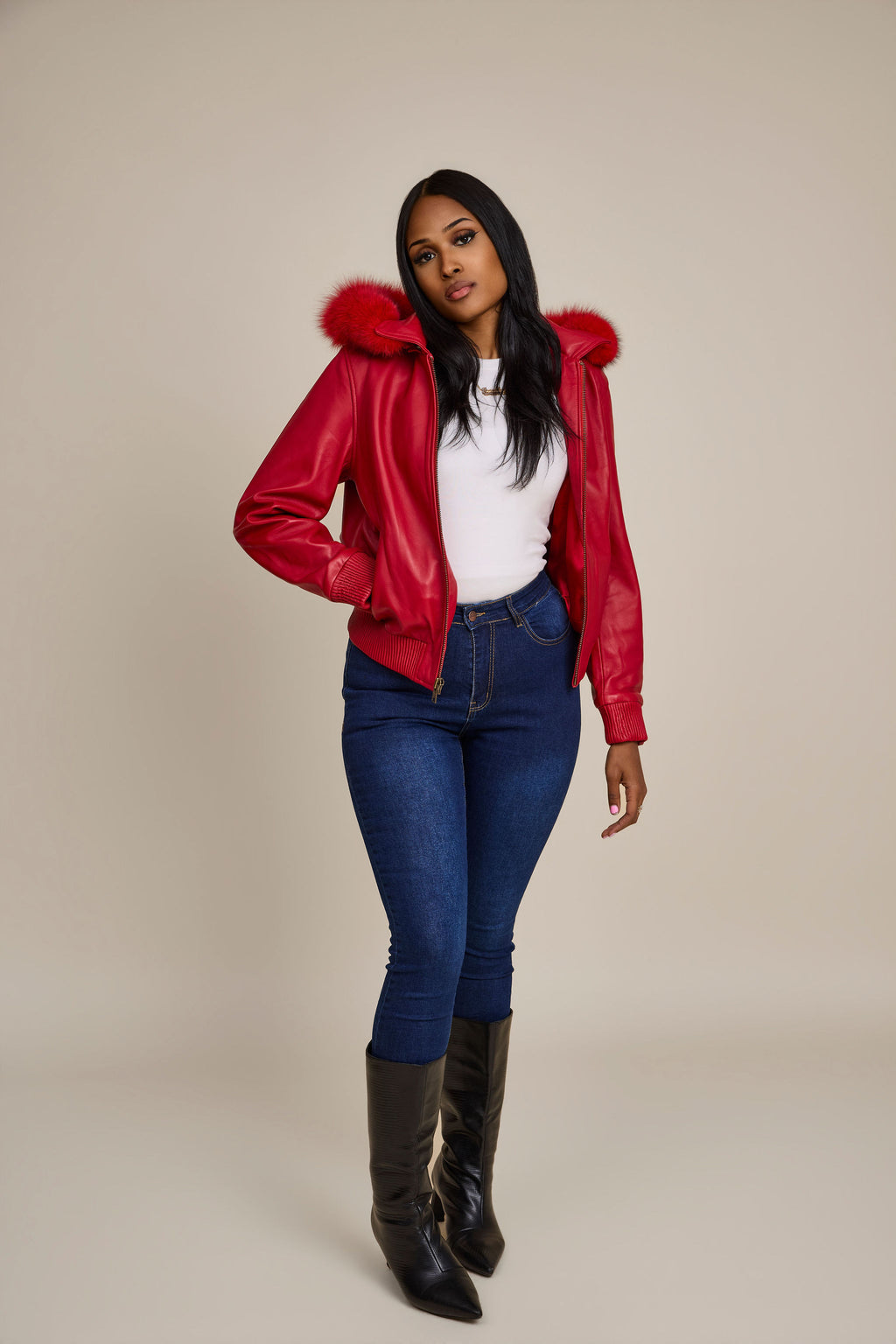 Women's BB Jacket With Premium Fox Fur Hood [Red]