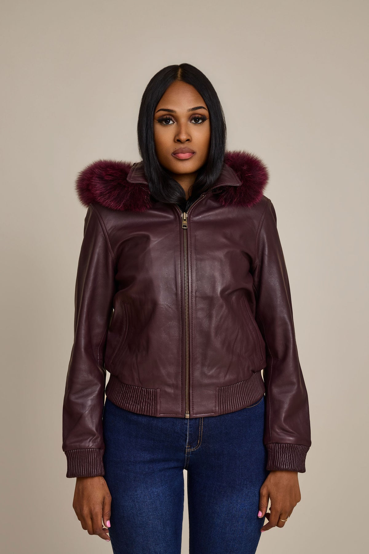 Women's BB Jacket With Premium Fox Fur Hood [Burgundy]