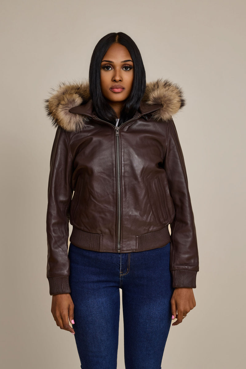 Women's BB Jacket With Premium Raccoon Fur Hood [Chocolate]
