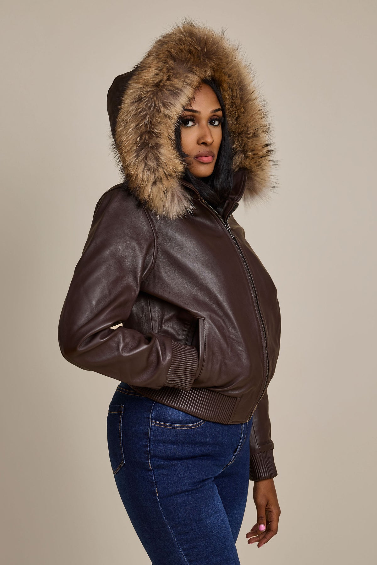 Women's BB Jacket With Premium Raccoon Fur Hood [Chocolate]