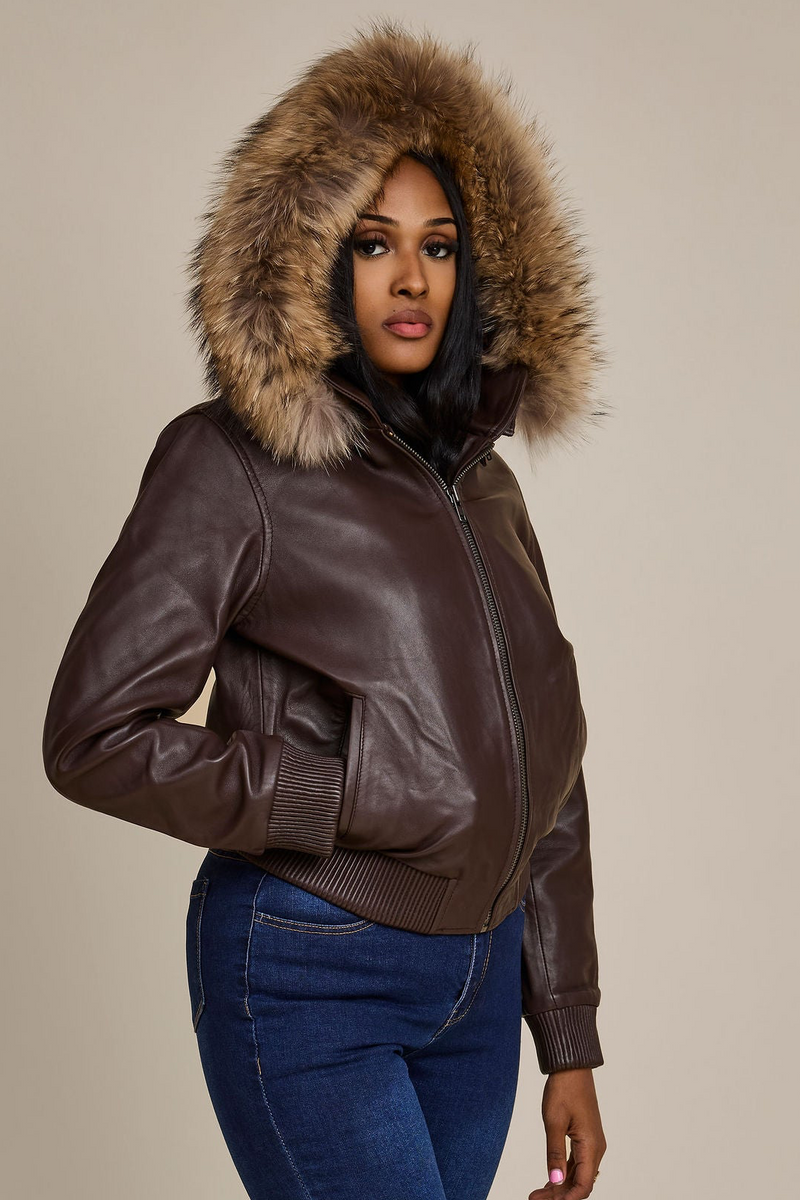 Women's BB Jacket With Premium Raccoon Fur Hood [Chocolate]