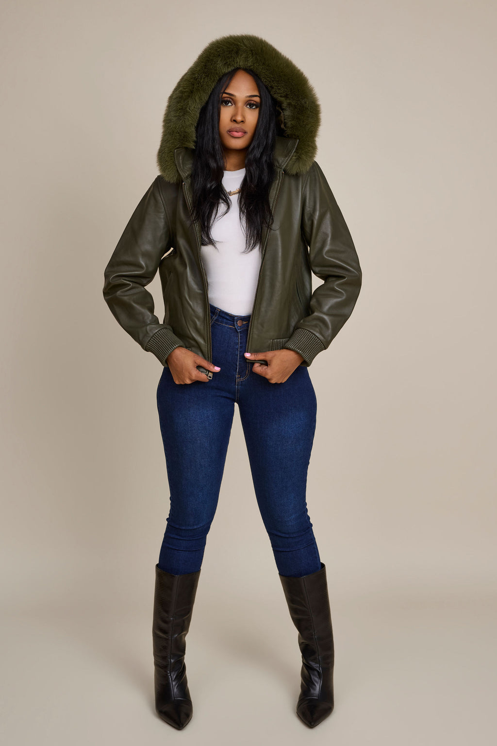 Women's BB Jacket With Premium Fox Fur Hood [Olive/Olive Fox]