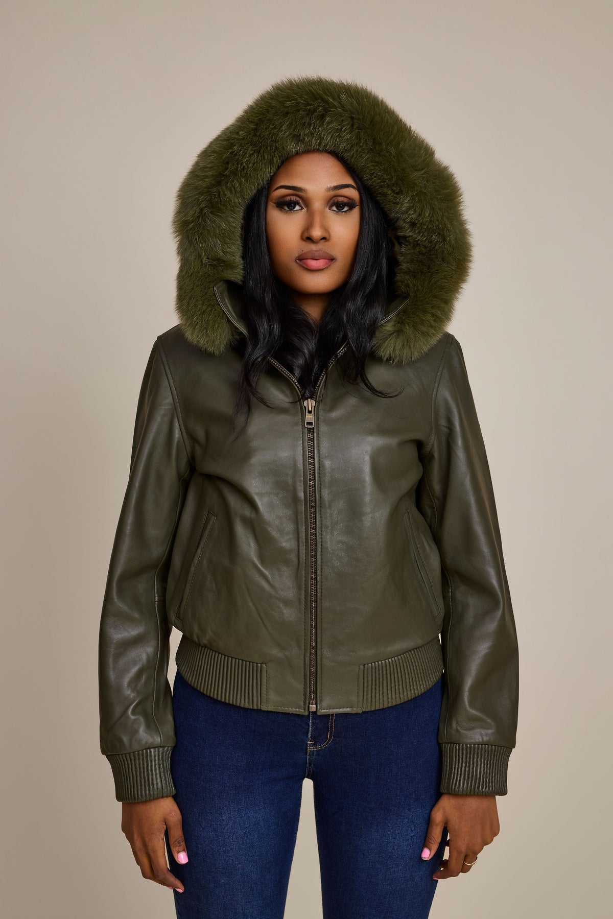Women's BB Jacket With Premium Fox Fur Hood [Olive/Olive Fox]