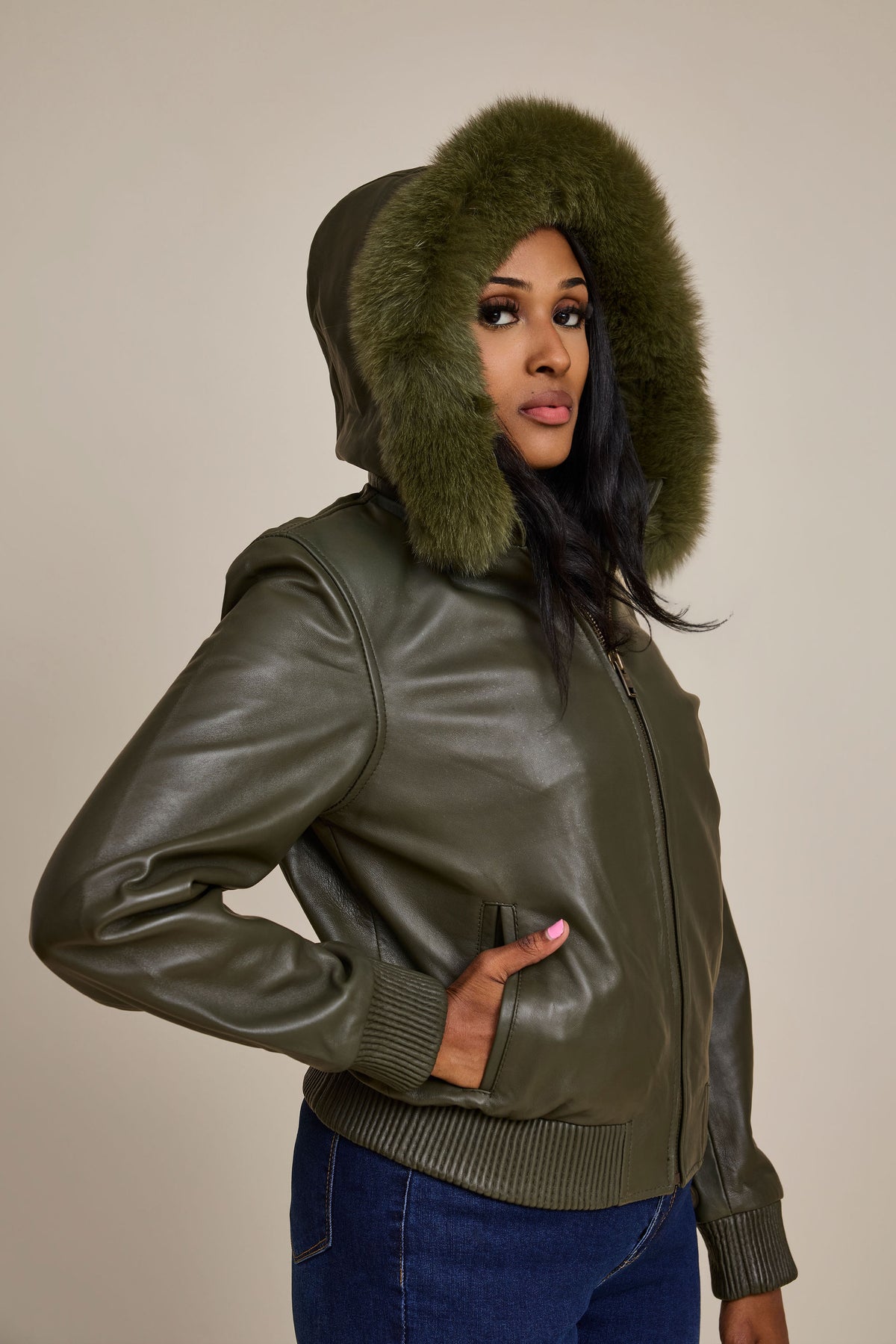 Women's BB Jacket With Premium Fox Fur Hood [Olive/Olive Fox]