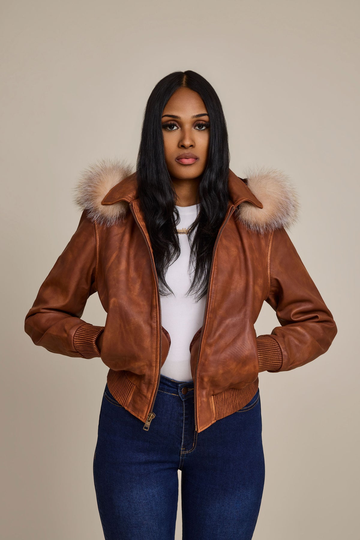 Women's BB Jacket With Premium Fox Fur Hood [Caramel Crunch]