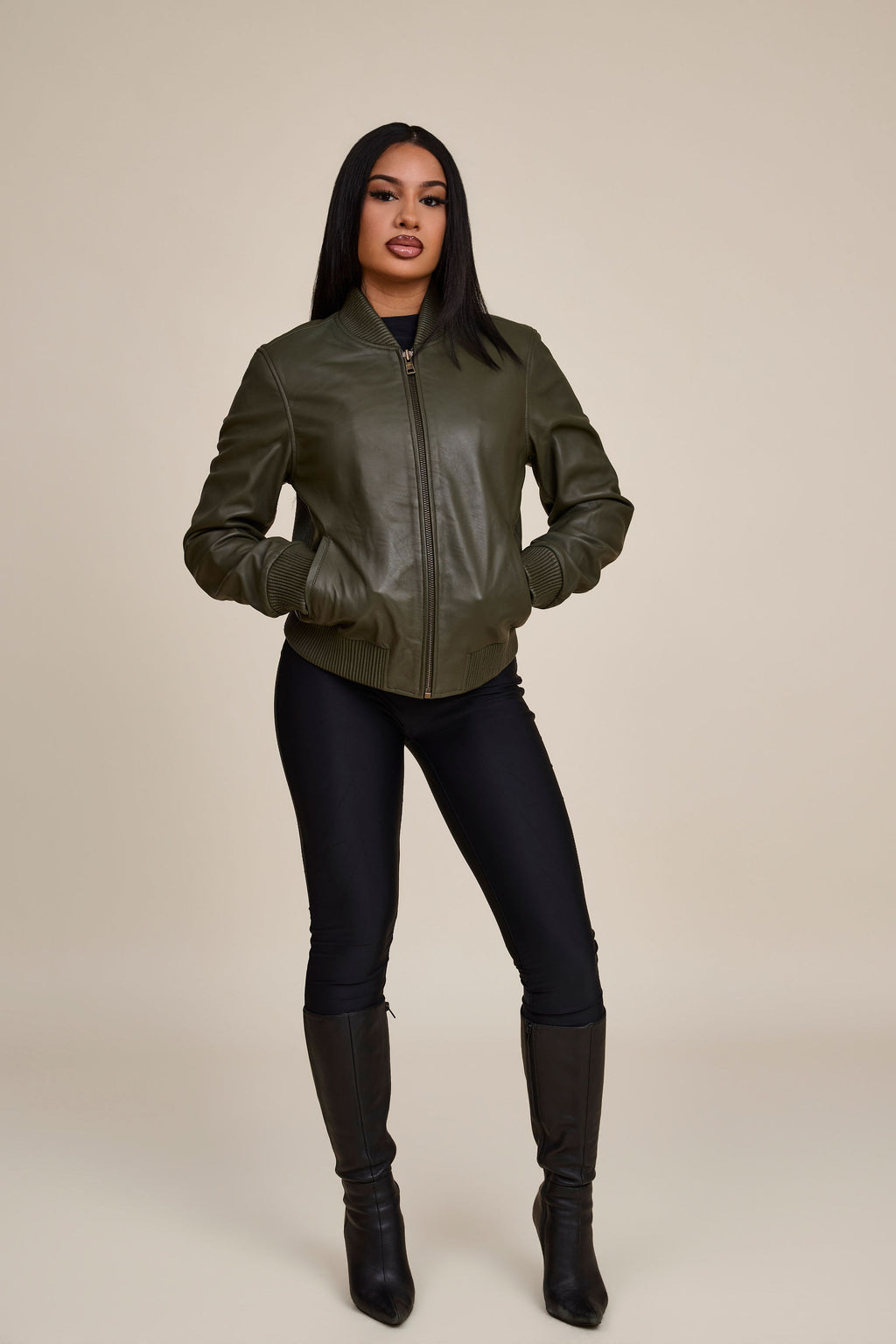 Women's BB Leather Jacket [Olive]