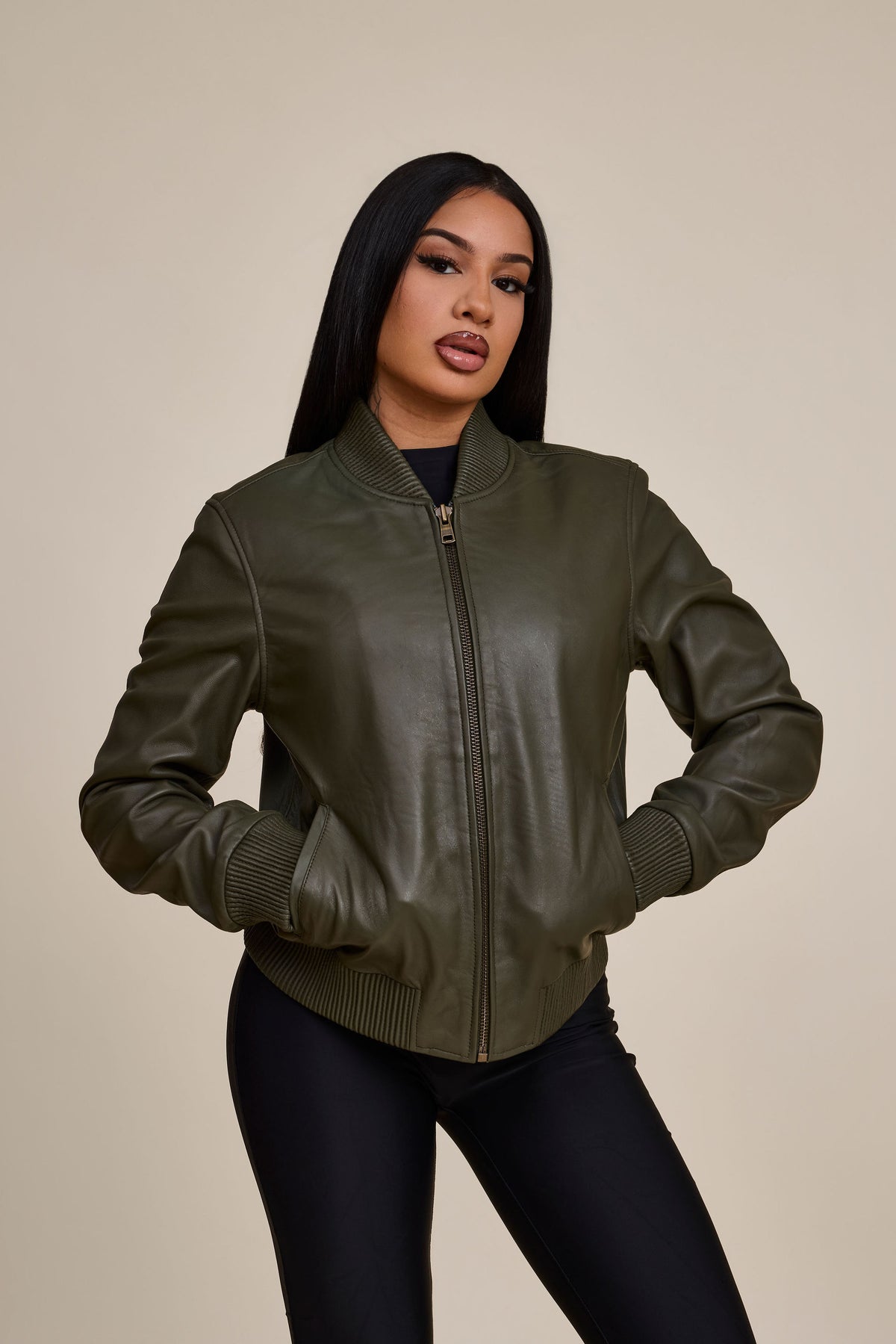 Women's BB Leather Jacket [Olive]