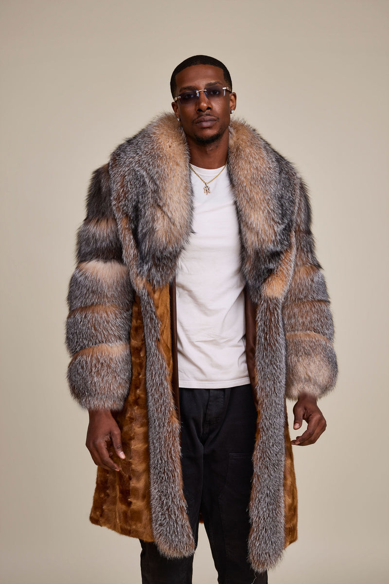 Men's Frank Mink Trench With Fox Collar [Whiskey/Crystal]