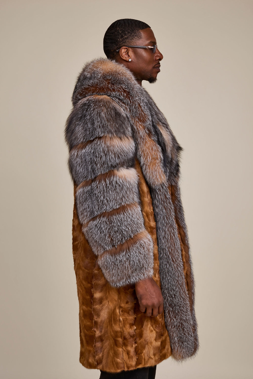 Men's Frank Mink Trench With Fox Collar [Whiskey/Crystal]
