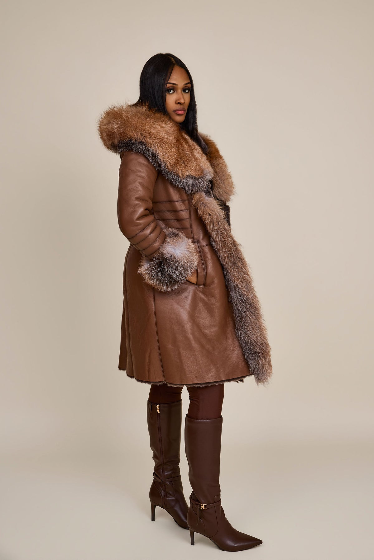 Women's Elsa Shearling Sheepskin Jacket With Fox [Caramel]