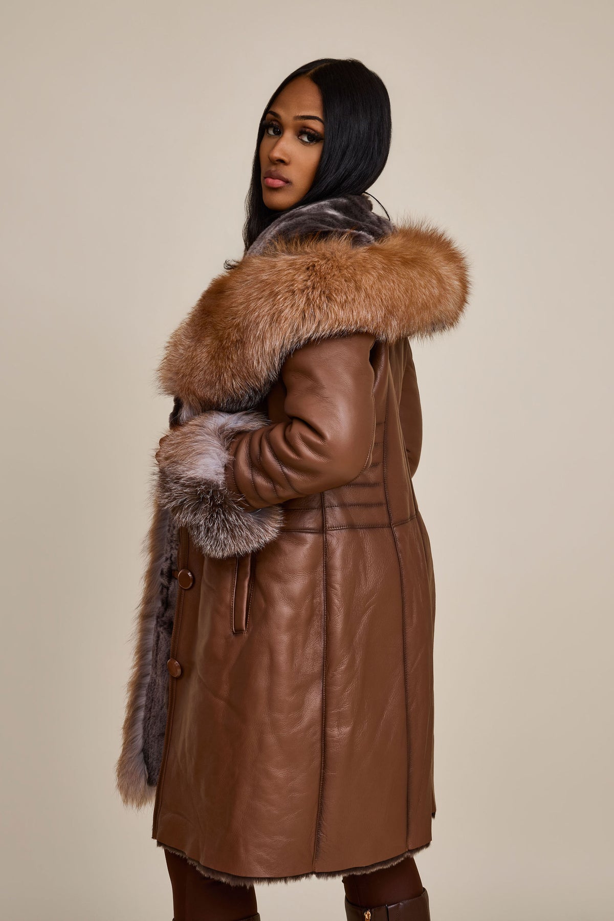 Women's Elsa Shearling Sheepskin Jacket With Fox [Caramel]