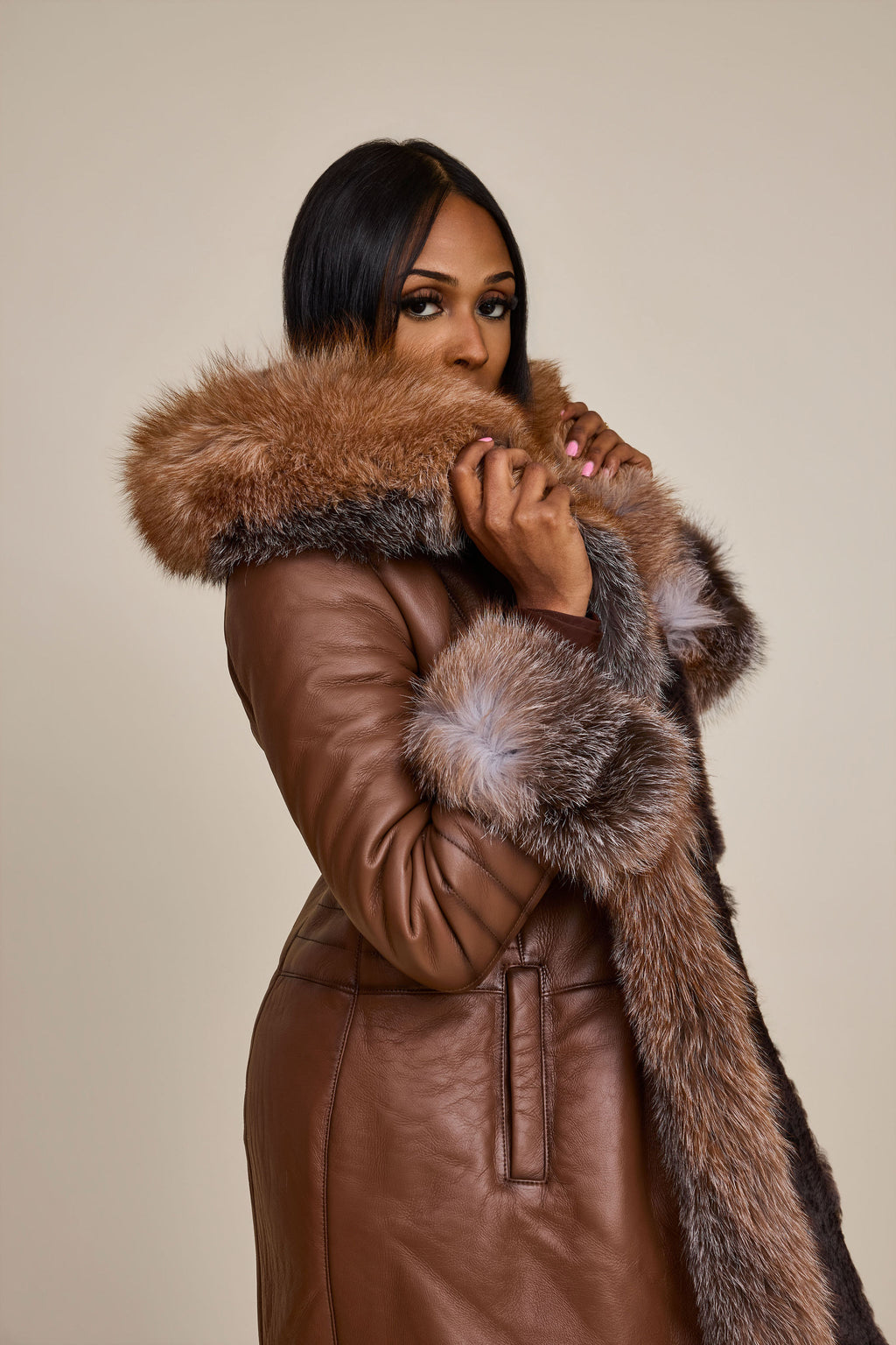 Women's Elsa Shearling Sheepskin Jacket With Fox [Caramel]