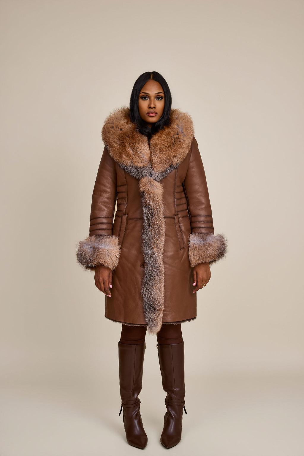 Women's Elsa Shearling Sheepskin Jacket With Fox [Caramel]