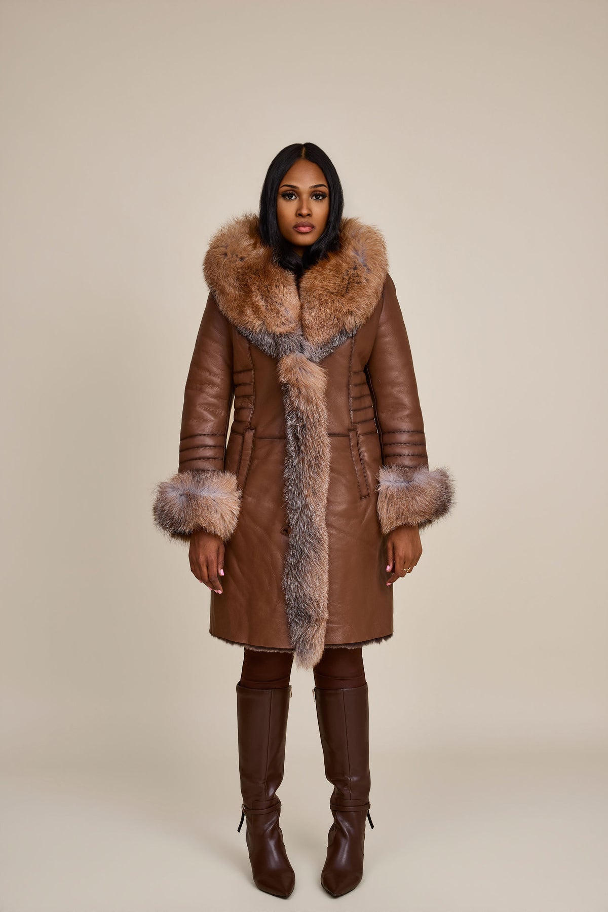 Women's Elsa Shearling Sheepskin Jacket With Fox [Caramel]