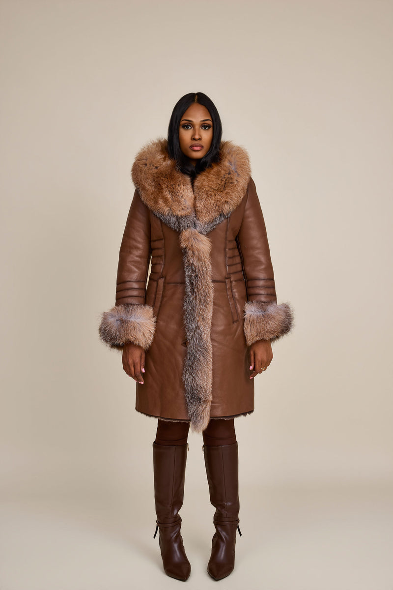 Women's Elsa Shearling Sheepskin Jacket With Fox [Caramel]