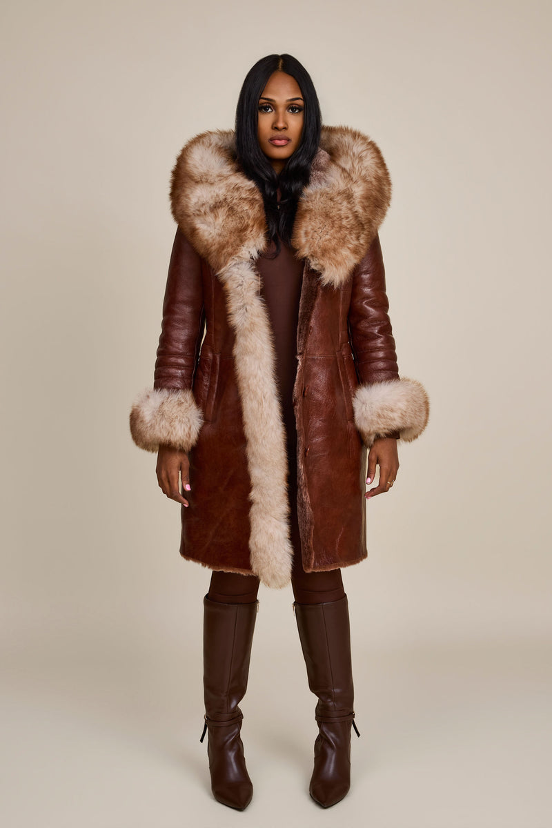 Women's Elsa Shearling Sheepskin Jacket With Fox [Caramel]
