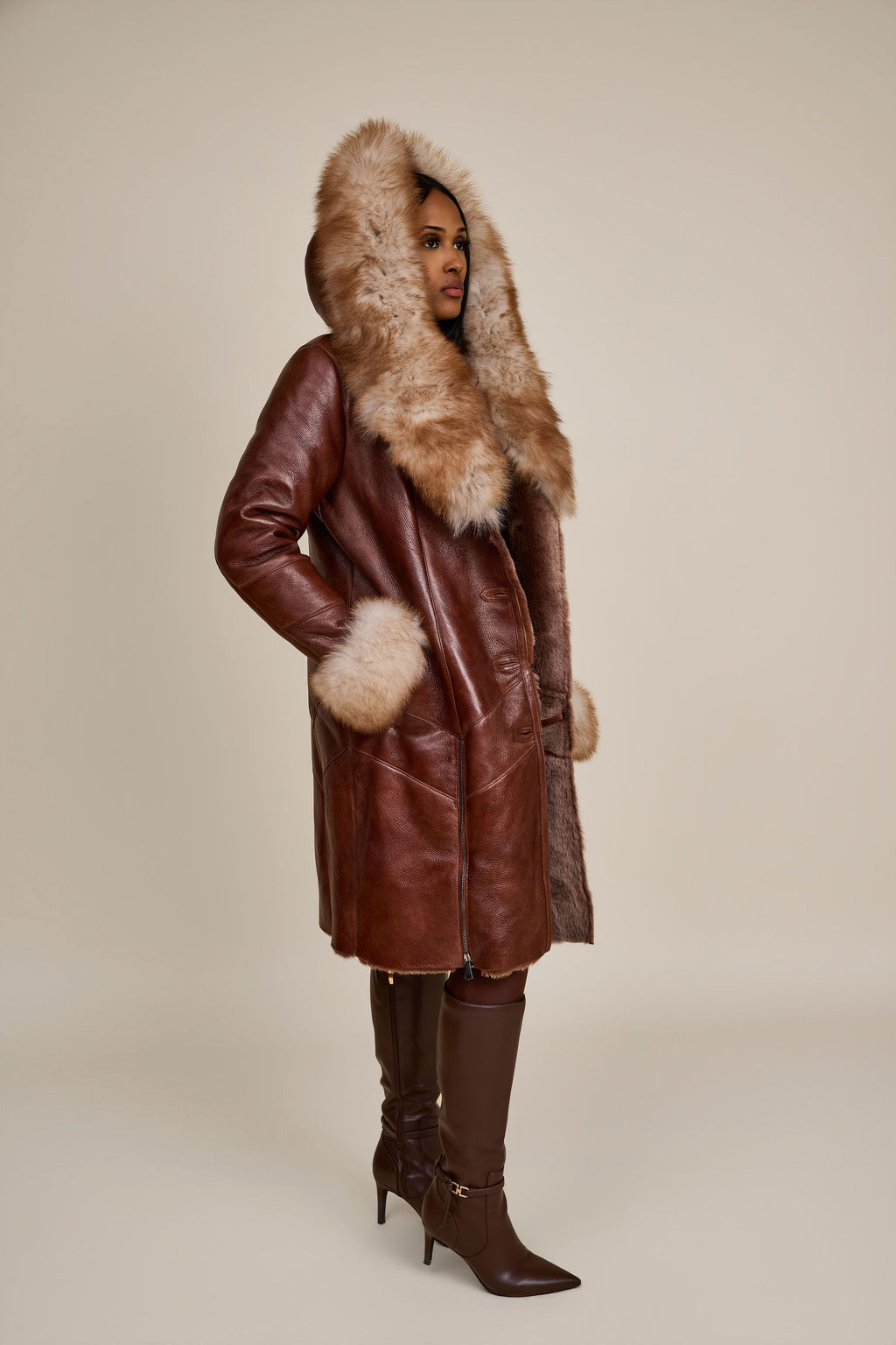 Women's Scarlett Real Sheepskin Jacket With Fox [Cognac]
