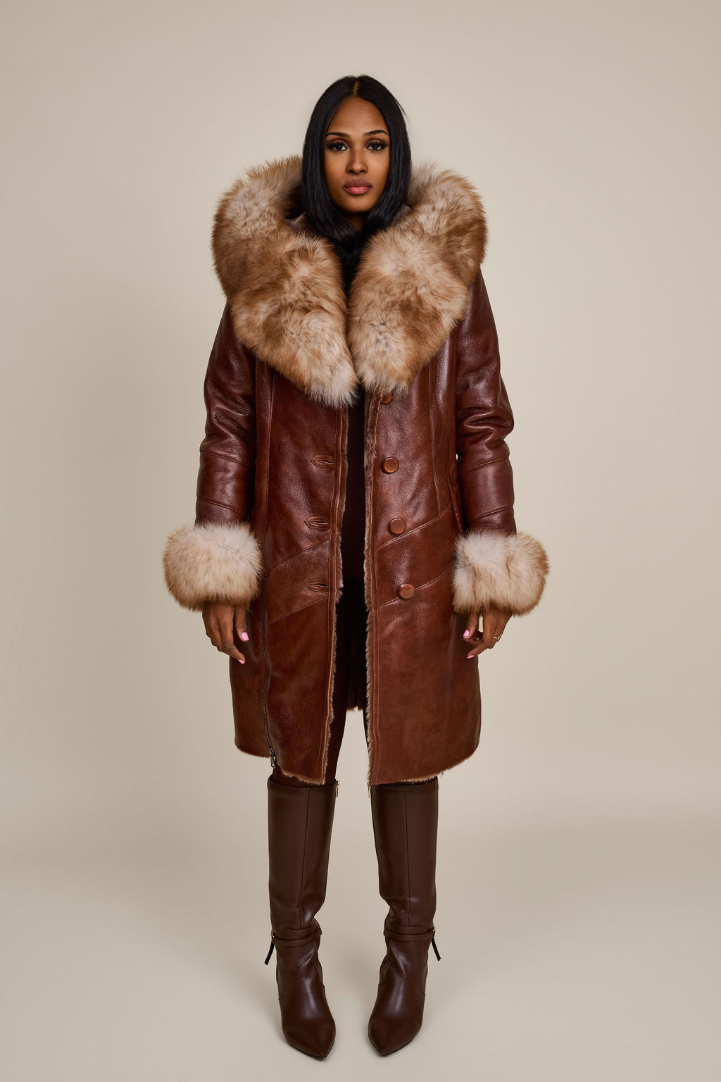 Women's Scarlett Real Sheepskin Jacket With Fox [Cognac]