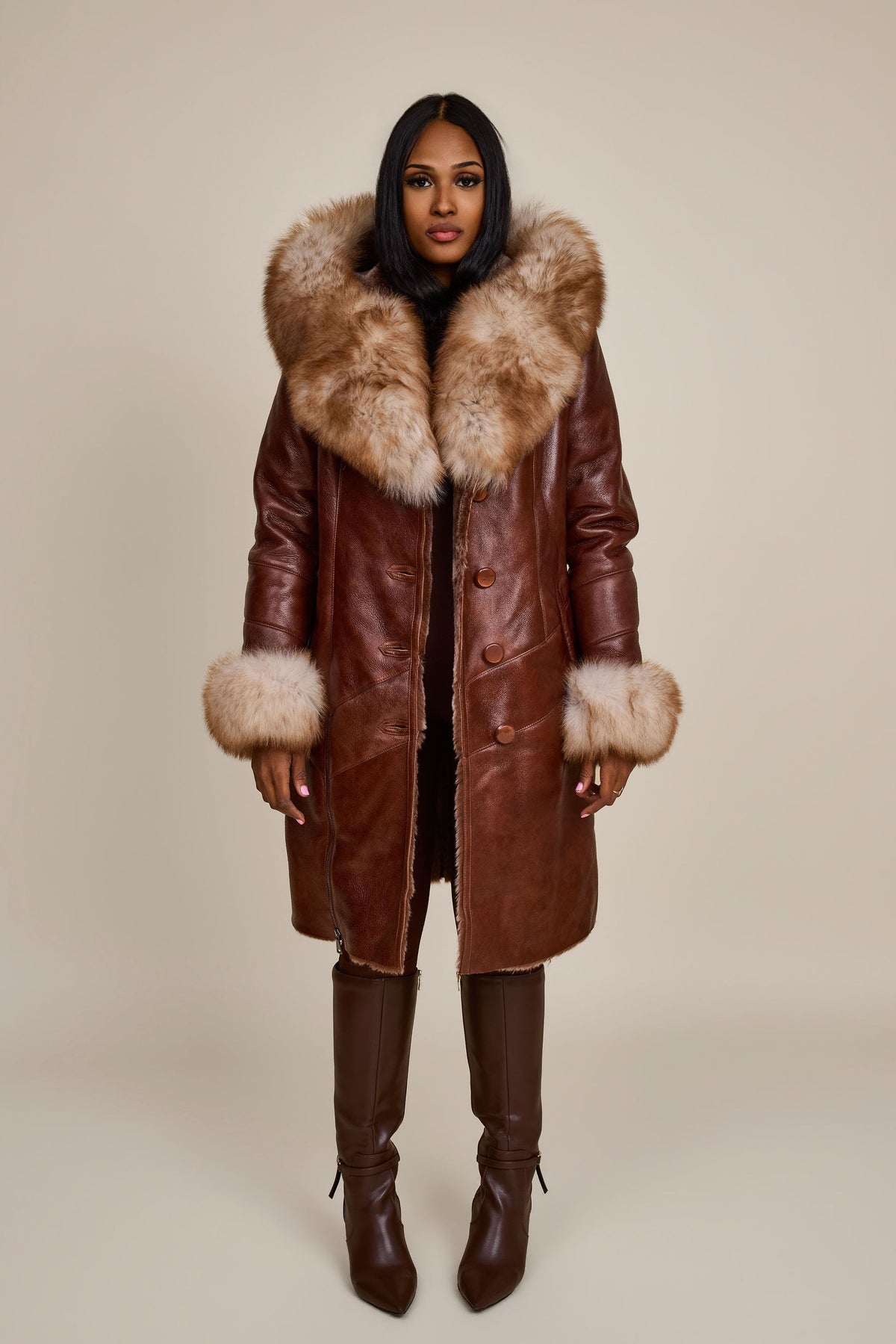 Women's Scarlett Real Sheepskin Jacket With Fox [Cognac]
