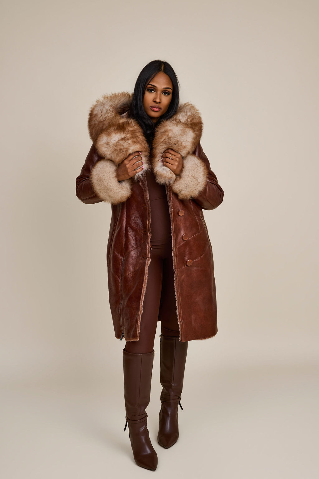 Women's Scarlett Real Sheepskin Jacket With Fox [Cognac]