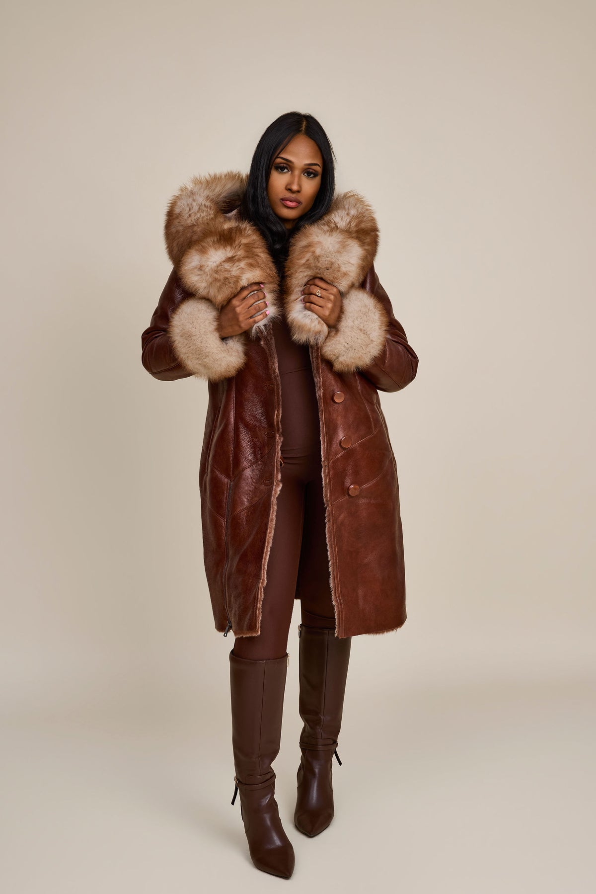 Women's Scarlett Real Sheepskin Jacket With Fox [Cognac]