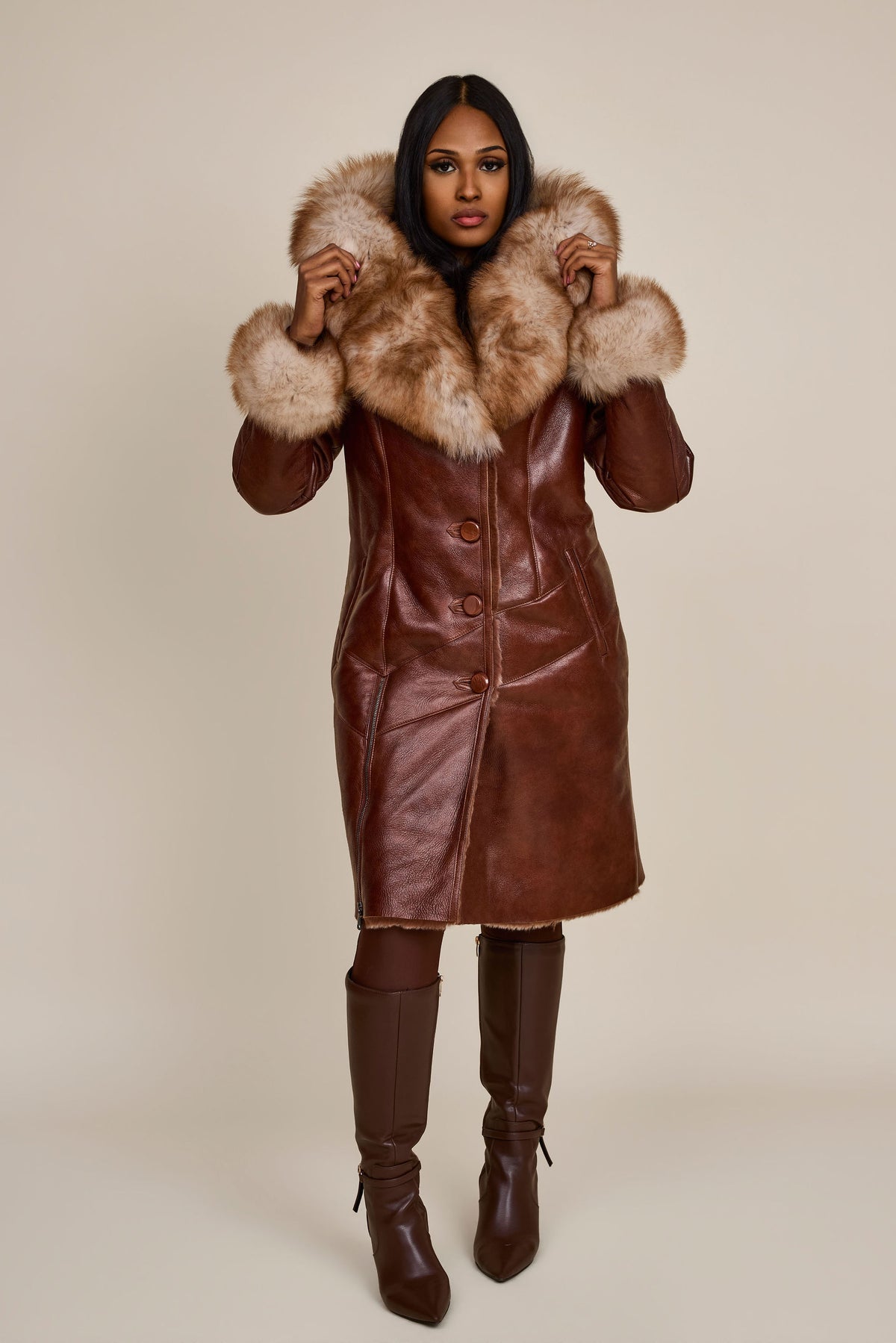 Women's Scarlett Real Sheepskin Jacket With Fox [Cognac]