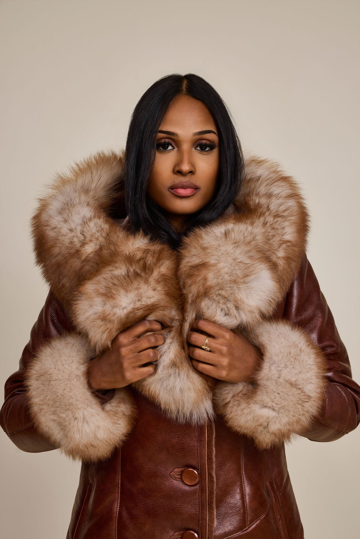 Women's Scarlett Real Sheepskin Jacket With Fox [Cognac]