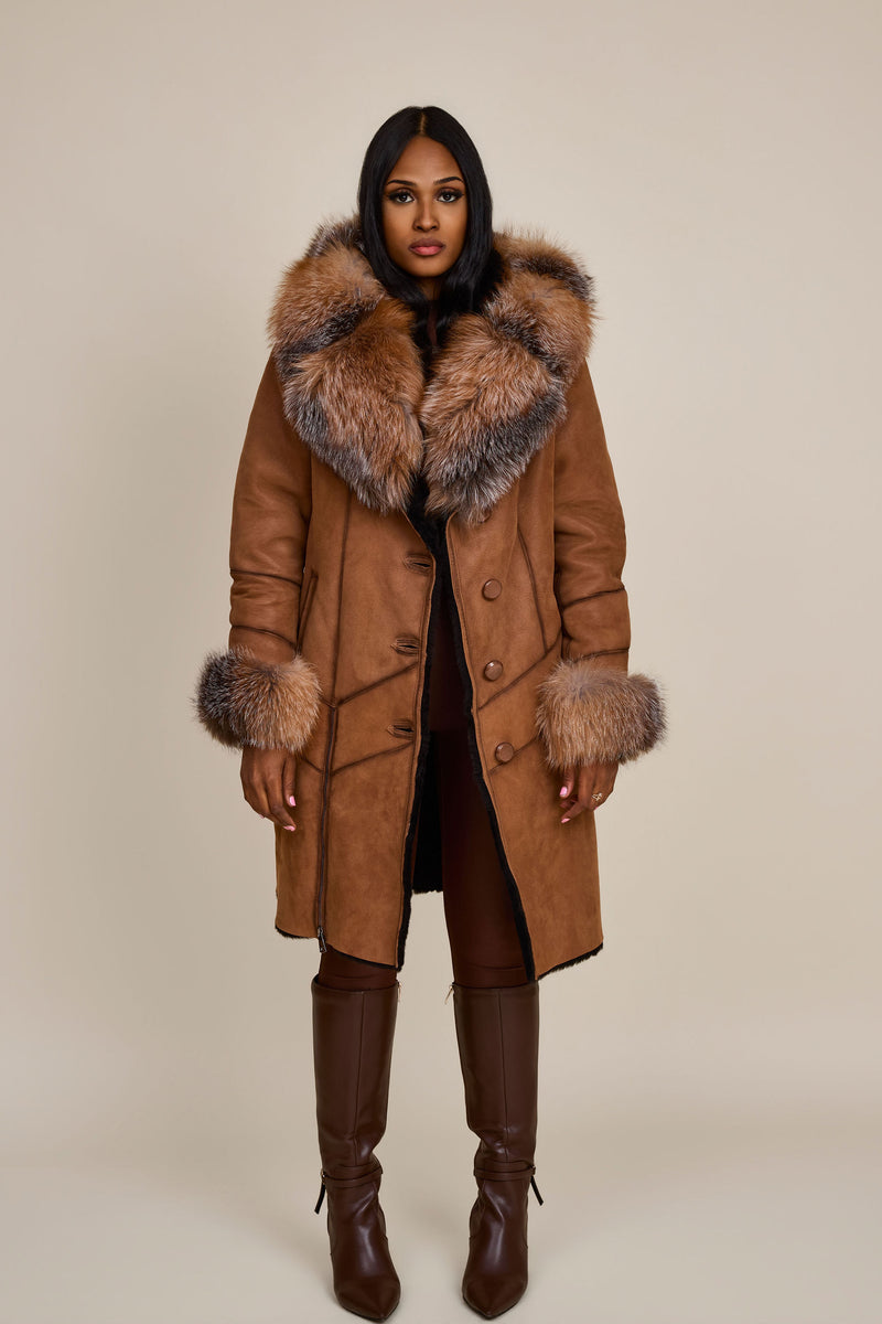 Women's Scarlett Real Sheepskin Jacket With Fox [Brown]