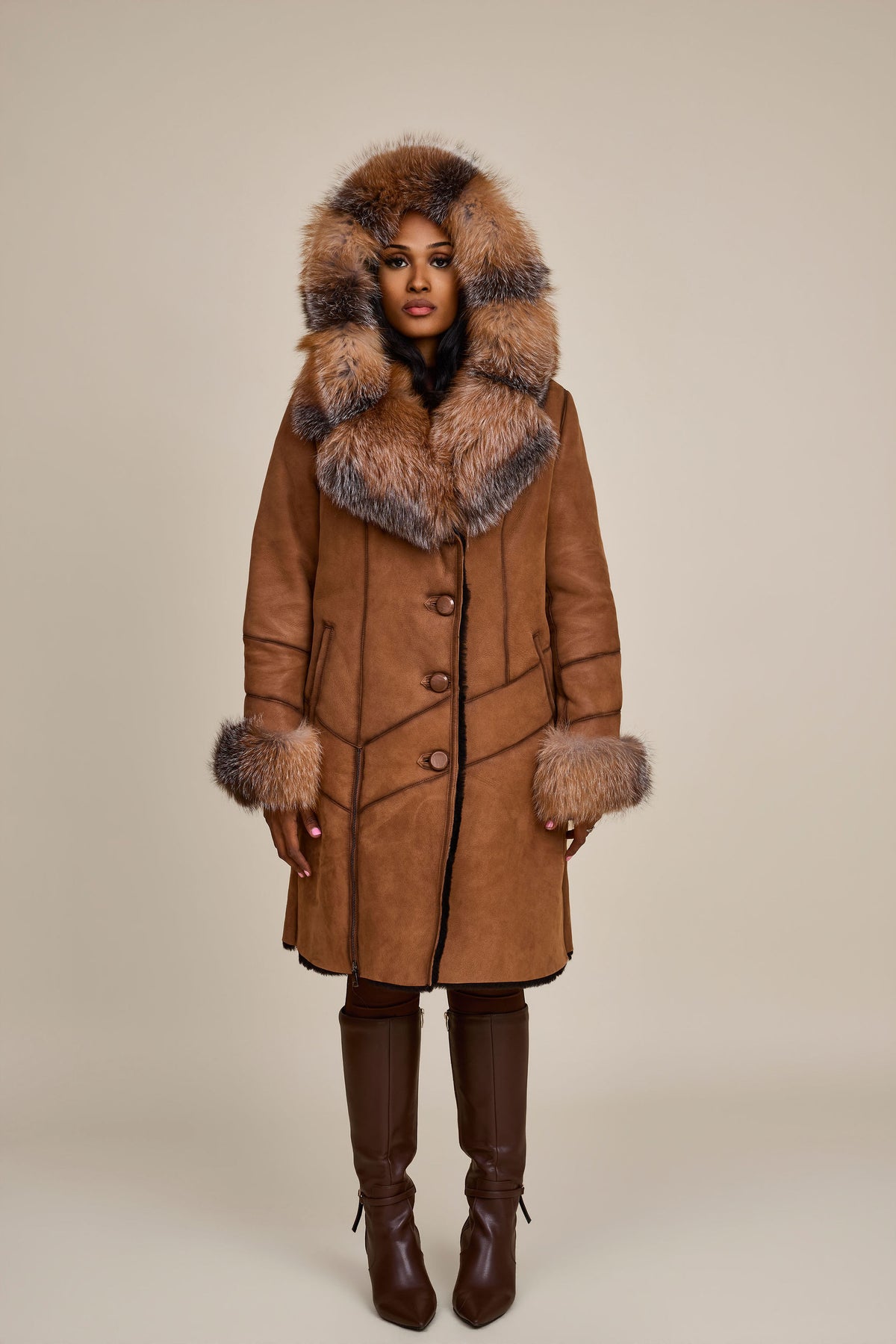 Women's Scarlett Real Sheepskin Jacket With Fox [Brown]