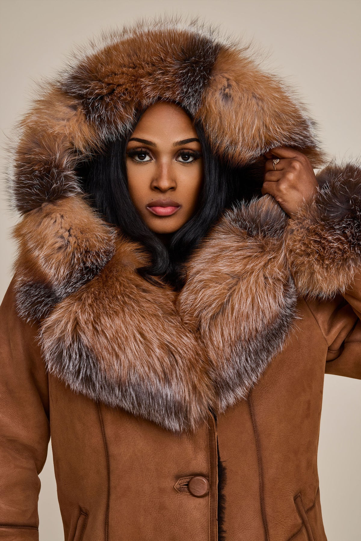 Women's Scarlett Real Sheepskin Jacket With Fox [Brown]
