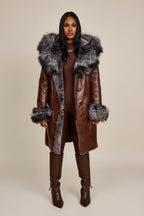 Women's Scarlett Real Sheepskin Jacket With Fox [Cognac/Silver]