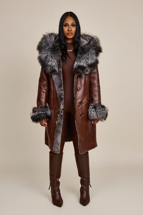 Women's Scarlett Real Sheepskin Jacket With Fox [Cognac/Silver]