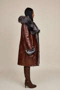 Women's Scarlett Real Sheepskin Jacket With Fox [Cognac/Silver]