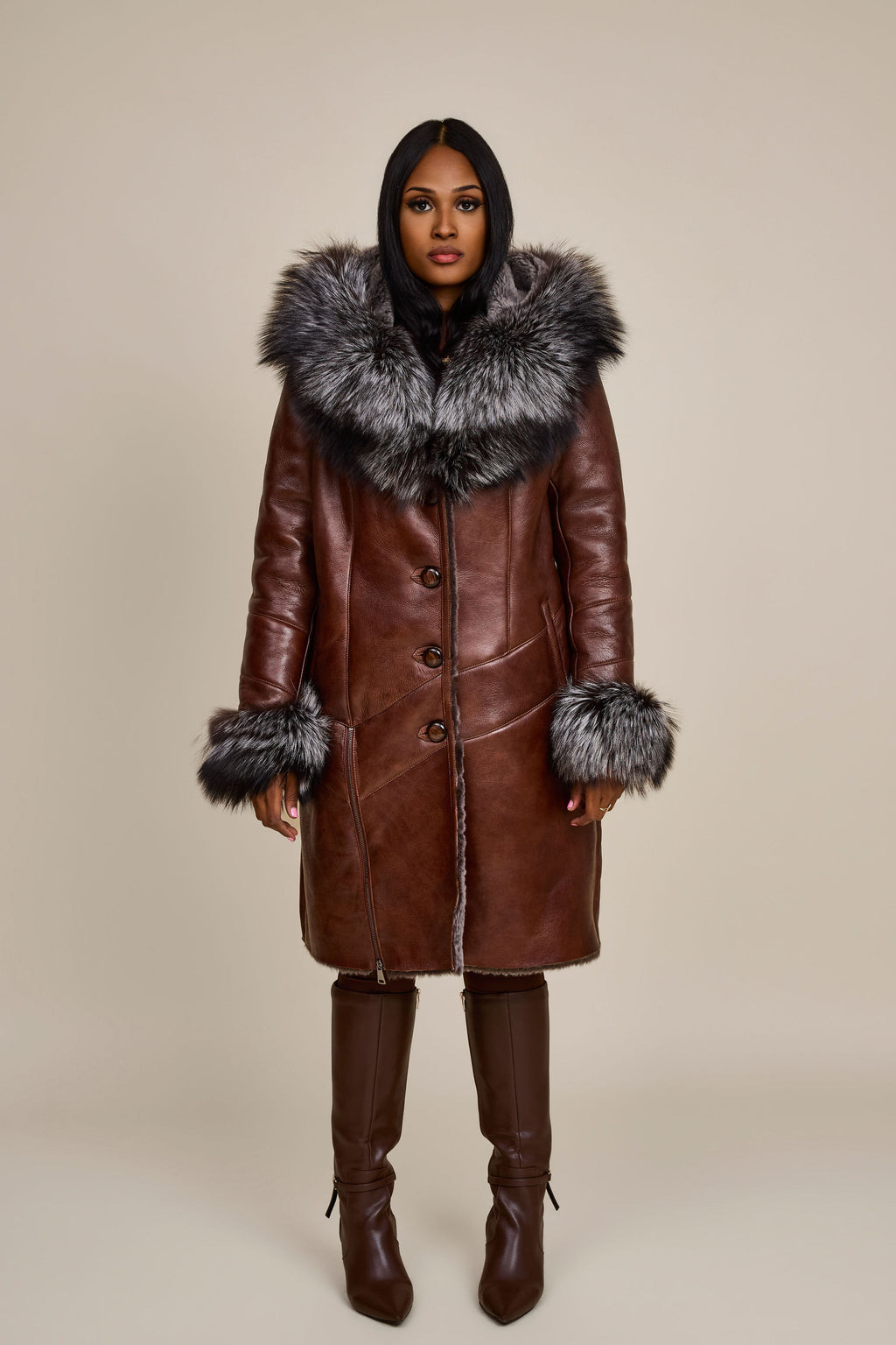 Women's Scarlett Real Sheepskin Jacket With Fox [Cognac/Silver]