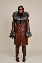 Women's Scarlett Real Sheepskin Jacket With Fox [Cognac/Silver]