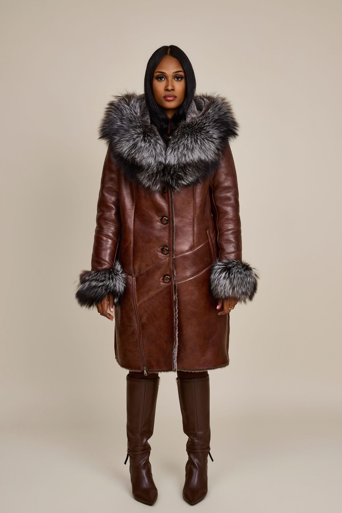 Women's Scarlett Real Sheepskin Jacket With Fox [Cognac/Silver]