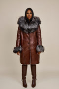 Women's Scarlett Real Sheepskin Jacket With Fox [Cognac/Silver]