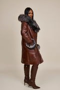 Women's Scarlett Real Sheepskin Jacket With Fox [Cognac/Silver]