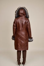 Women's Scarlett Real Sheepskin Jacket With Fox [Cognac/Silver]