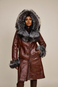 Women's Scarlett Real Sheepskin Jacket With Fox [Cognac/Silver]