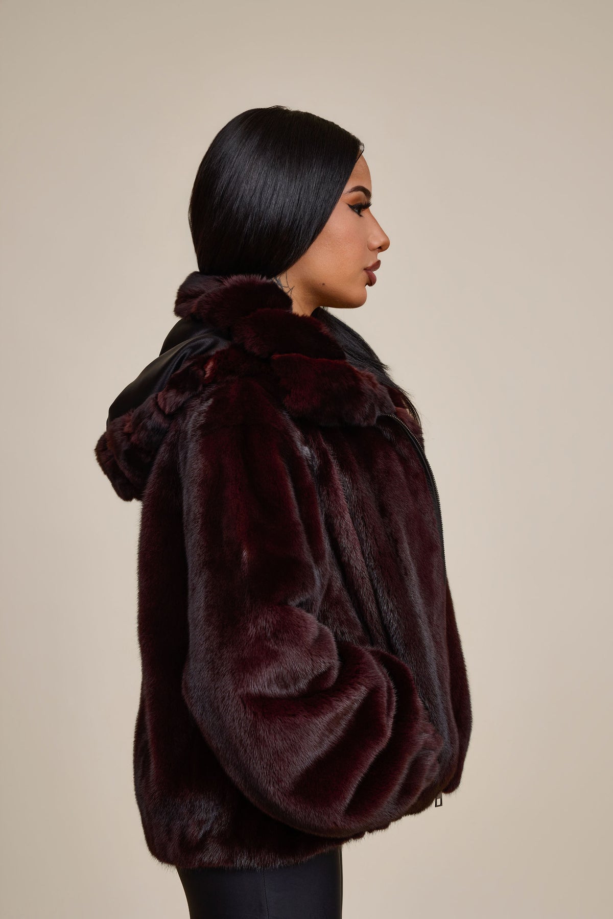 Women's Mink Bomber With Chinchilla Collar And Hood [Burgundy]